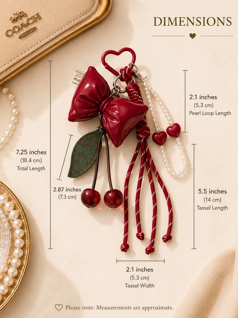 Cherry Heritage Bow & Pearl Cluster Bag Charm | Heart Keychain - Picture 3 of 4